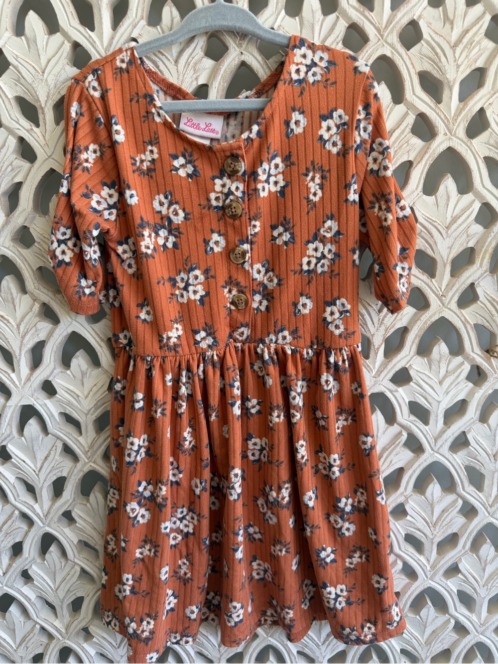 Little Lass Girls Rust Floral Fall Dress Size 5 Button Front